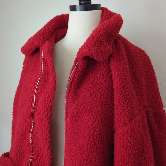 I.AM.GIA Women's Pixie Teddy Coat Medium Oversize Sherpa Jacket Red Fuzzy Fleece - Picture 9 of 10